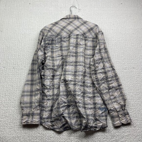Y2K Manfred Plaid Button Up Shirt Goth Punk Doodle Script Graphic AOP Mens L - Picture 11 of 13